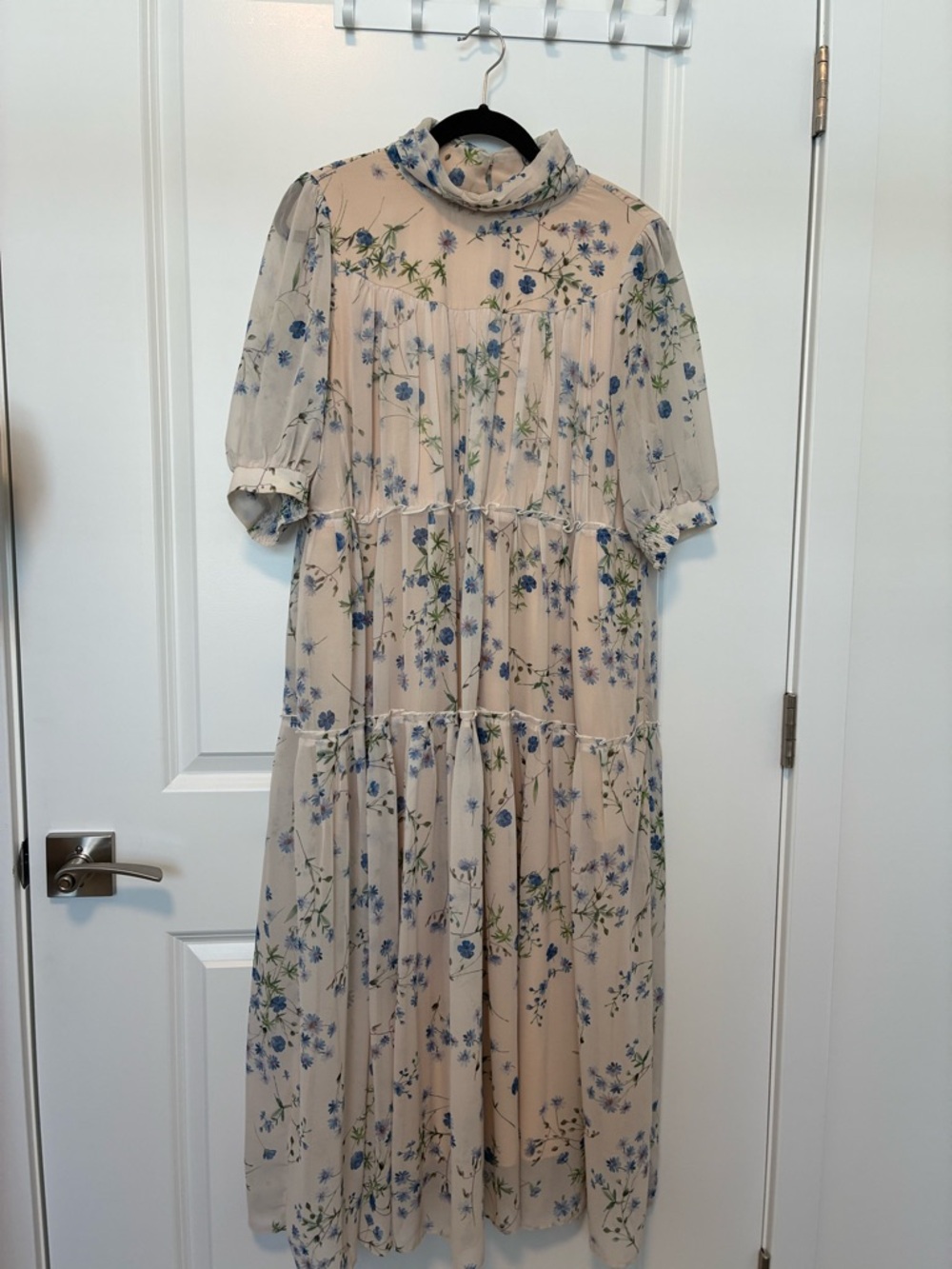 Beige Floral Tiered Midi Dress with Blue Bloom Print